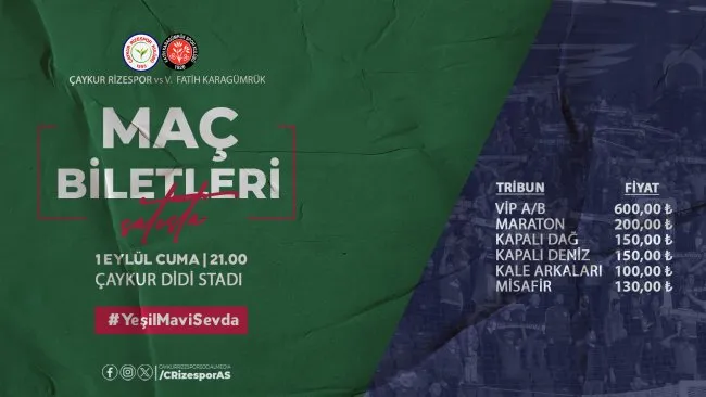 Çaykur Rizespor - Vavacars Fatih Karagümrük Maçı Biletleri Satışta