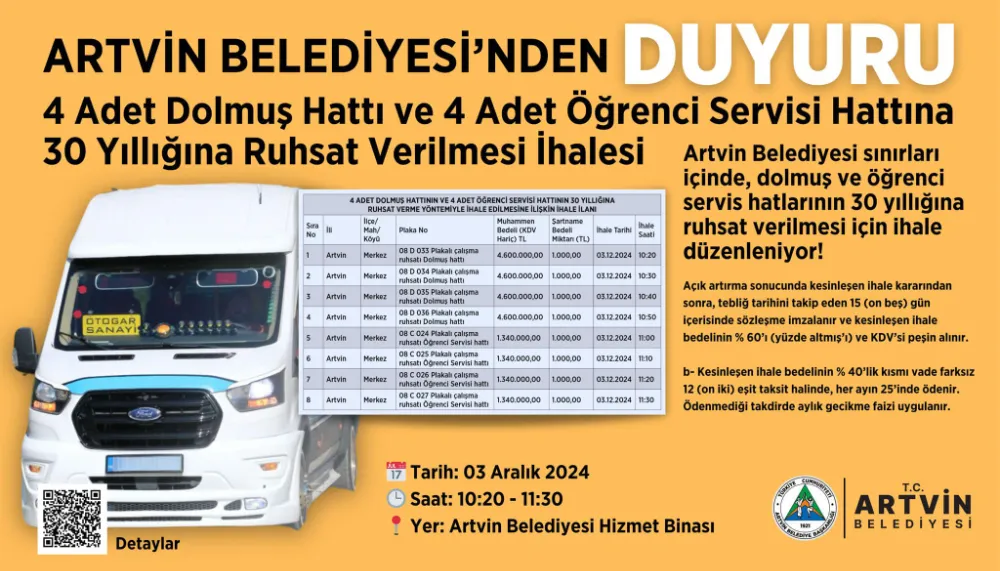 Artvin Belediyesi, 4 Dolmuş ve 4 Öğrenci Servisi Hattı İçin İhale Düzenliyor