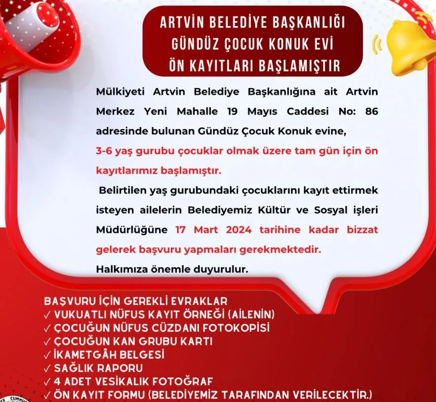 GÜNDÜZ BAKIM EVİNDE HAFTA İÇİ TAM GÜN EĞİTİM İÇİN ÖN KAYITLAR BAŞLADI!