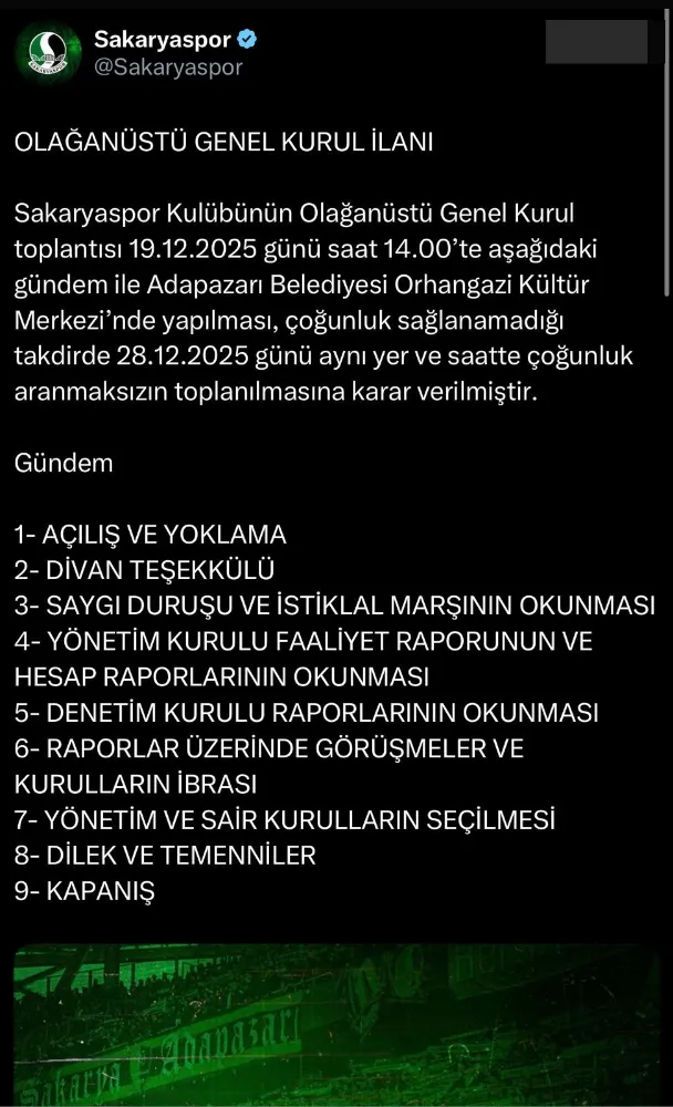 Sakaryaspor’da başkan istifasının ardından olağanüstü kongre kararı