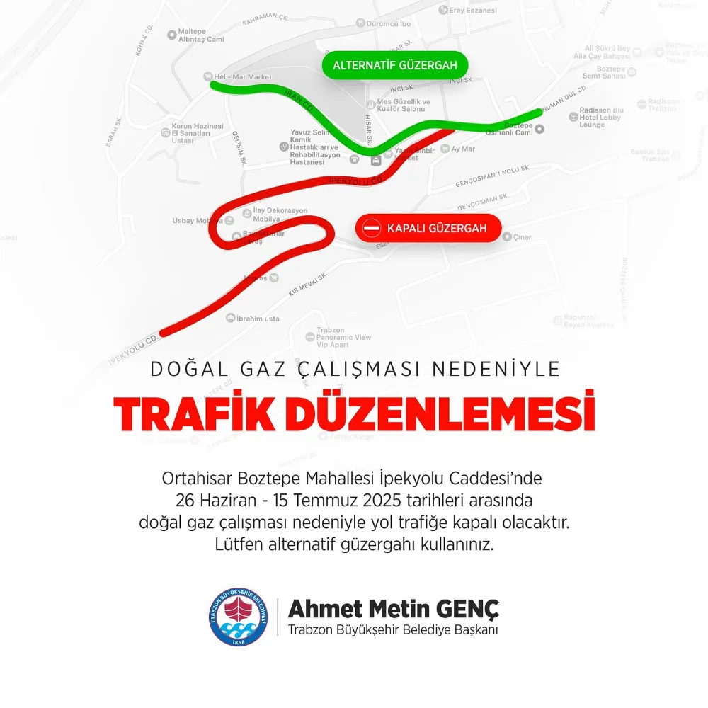 Trabzon Boztepe’de Doğalgaz Çalışması Nedeniyle Yol Kapanacak