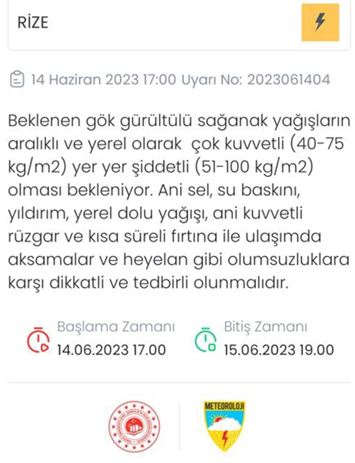 Dikkat ! Rize için turuncu uyarı verildi